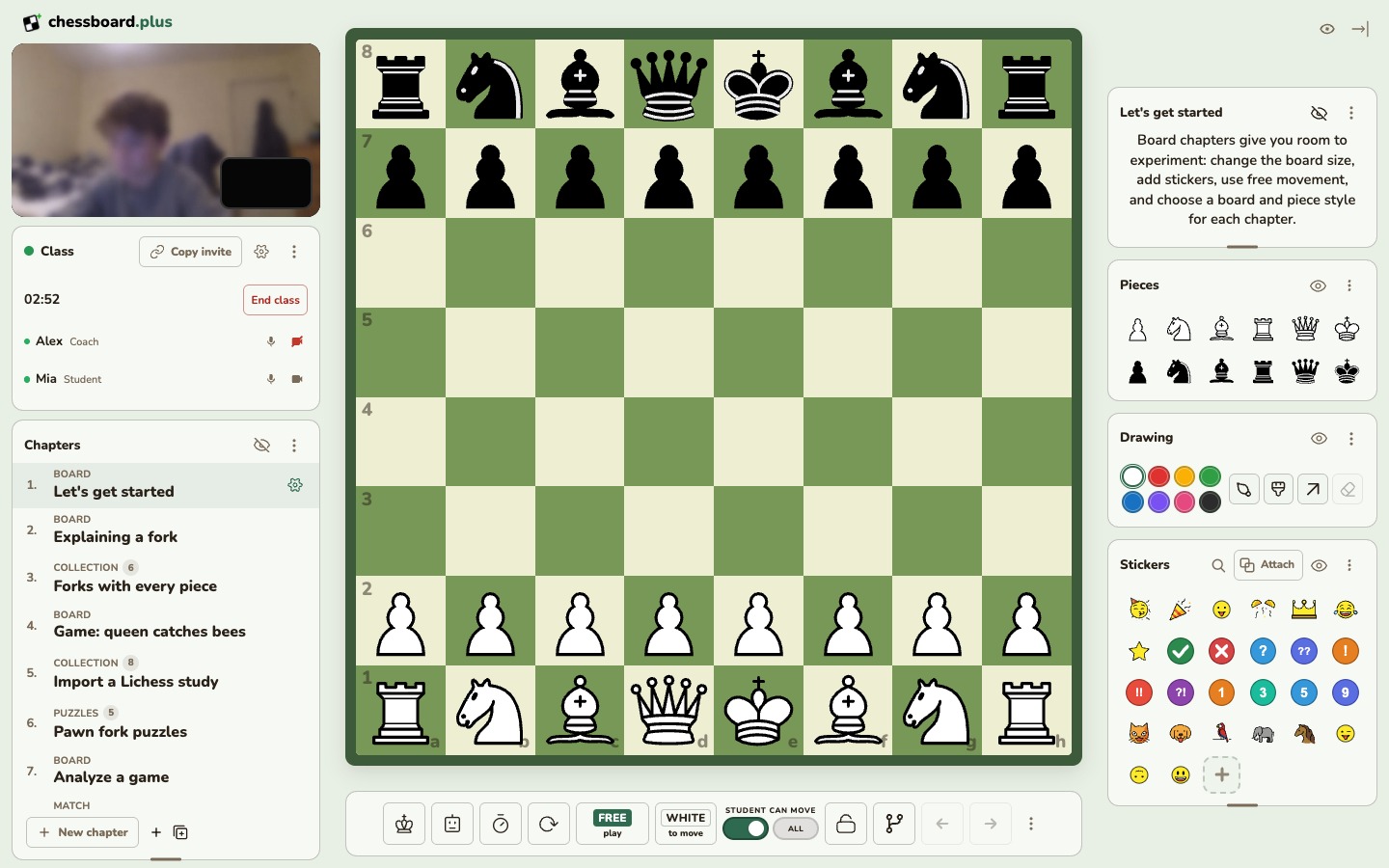 A chessboard.plus classroom with the Let’s get started chapter open and all 32 pieces in their starting positions, with video and teaching tools alongside the board.