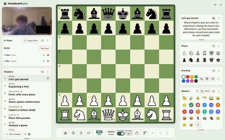 A chessboard.plus classroom with the Let’s get started chapter open and all 32 pieces in their starting positions, with video and teaching tools alongside the board.